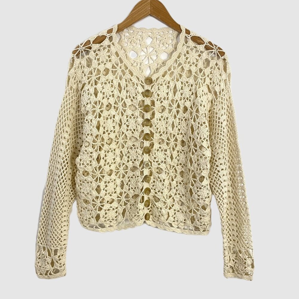 Vintage 90s Crazy Horse Cream Open Knit Floral Crochet Cardigan